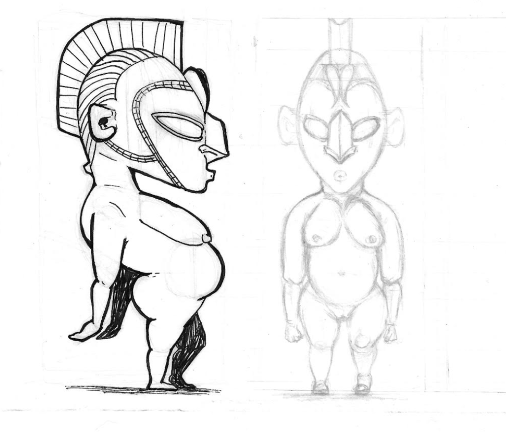Vieux croquis inspiré d'une statut de la déesse Nimba. Si elle avait été conçue avec des intentions magique, cette statut auraient été un fétiche.